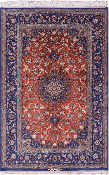 Red Signed Isfahan Authentic Persian Hand Knotted Wool & Silk Area Rug - 5' 3" X 7' 10" - Golden Nile