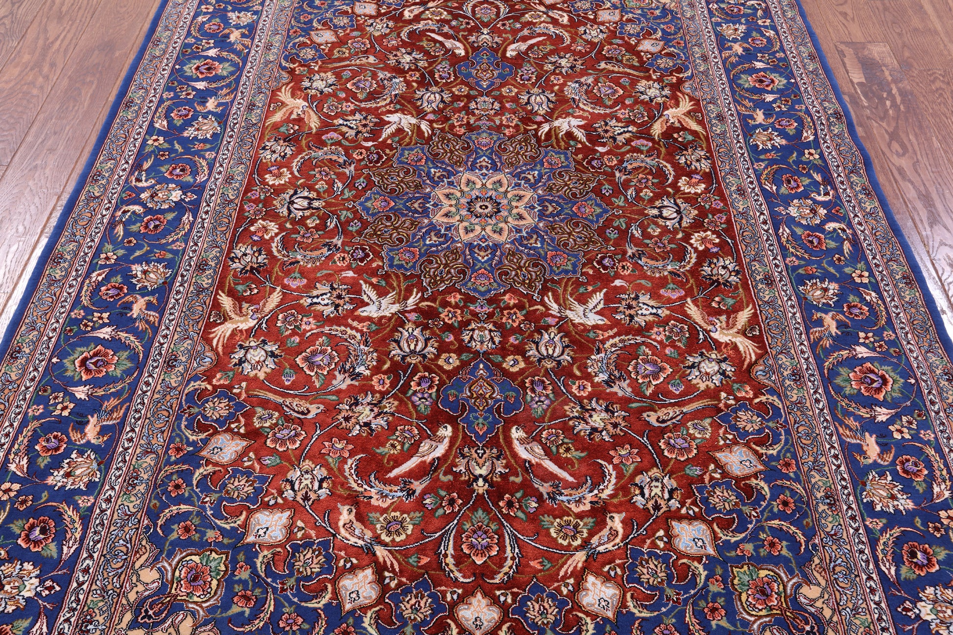 Red Signed Isfahan Authentic Persian Hand Knotted Wool & Silk Area Rug - 5' 3" X 7' 10" - Golden Nile