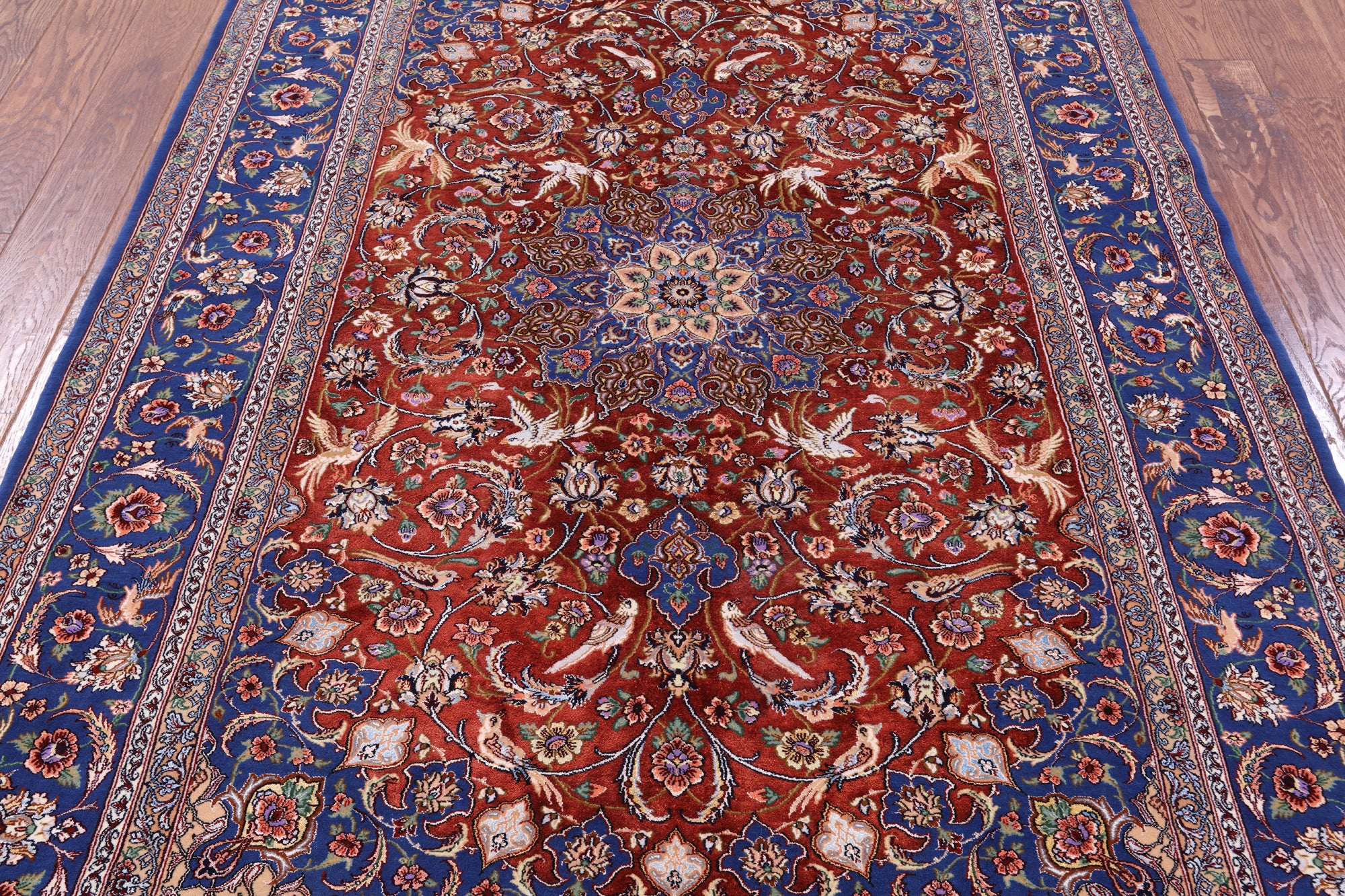 Red Signed Isfahan Authentic Persian Hand Knotted Wool & Silk Area Rug - 5' 3" X 7' 10" - Golden Nile