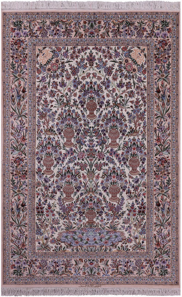 Ivory Isfahan Authentic Persian Hand Knotted Wool & Silk Area Rug - 5' 3" X 8' 0" - Golden Nile