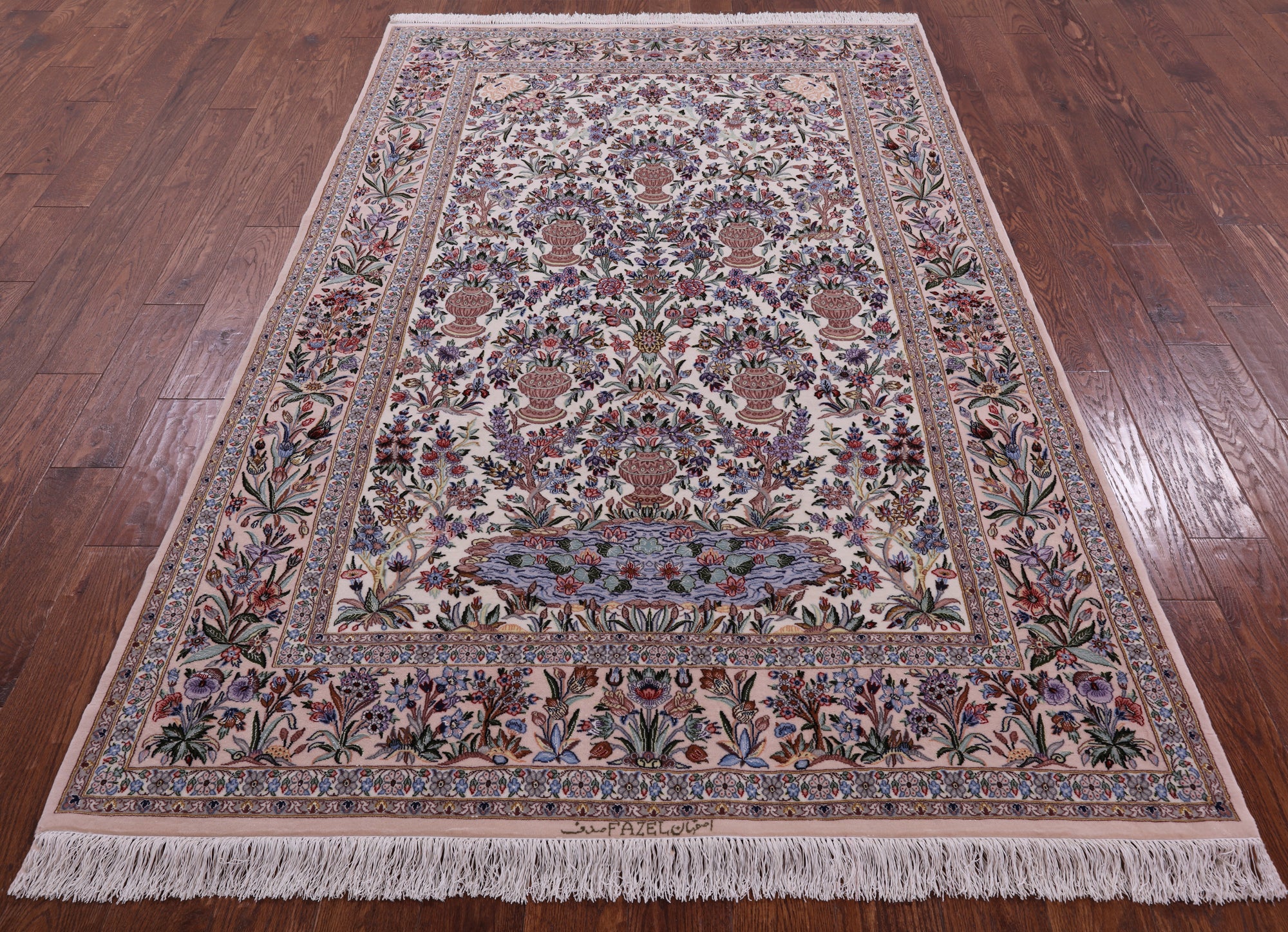 Ivory Isfahan Authentic Persian Hand Knotted Wool & Silk Area Rug - 5' 3" X 8' 0" - Golden Nile