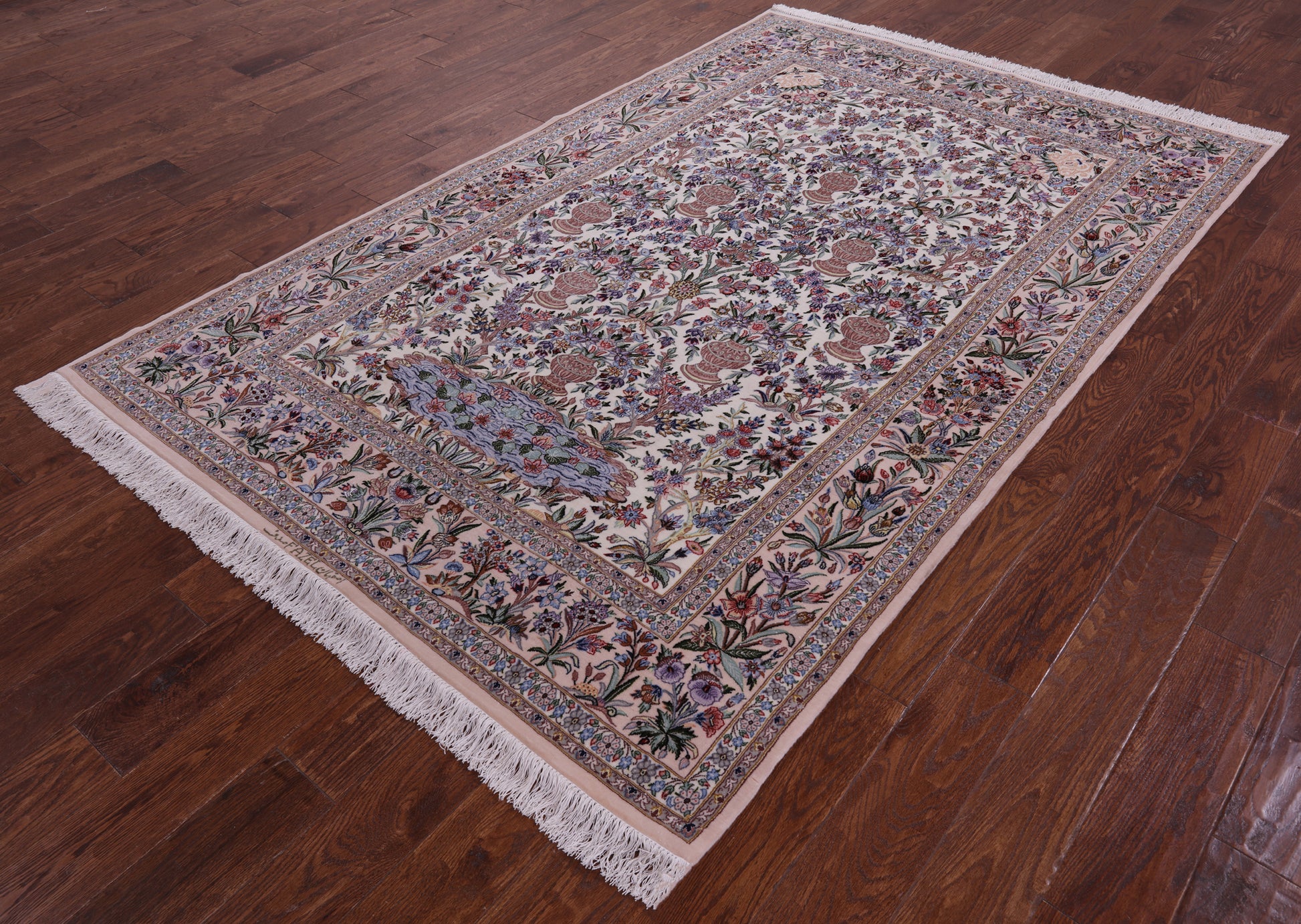 Ivory Isfahan Authentic Persian Hand Knotted Wool & Silk Area Rug - 5' 3" X 8' 0" - Golden Nile