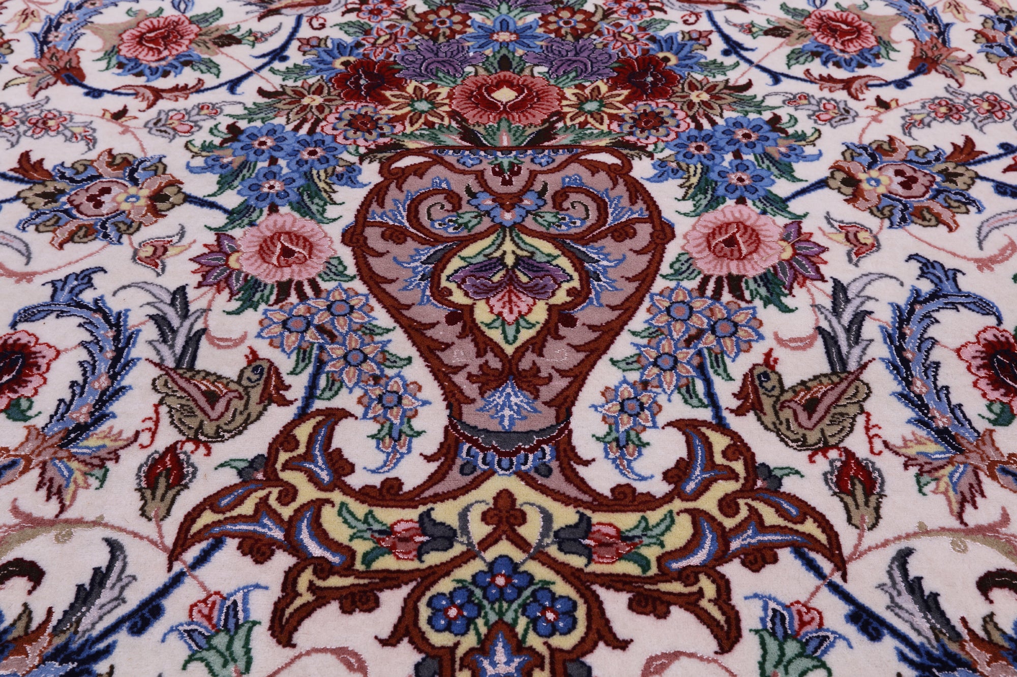 Ivory Signed Isfahan Authentic Persian Hand Knotted Wool & Silk Area Rug - 5' 1" X 7' 10" - Golden Nile