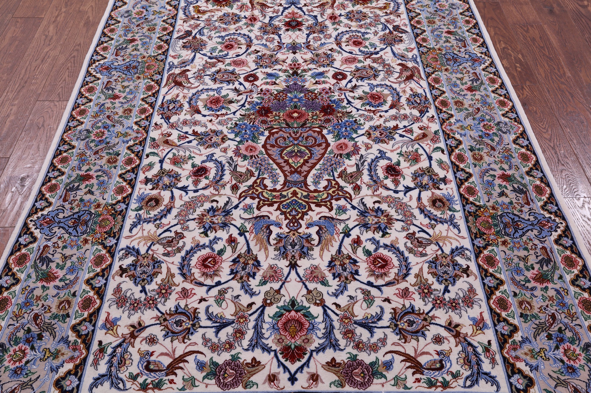 Ivory Signed Isfahan Authentic Persian Hand Knotted Wool & Silk Area Rug - 5' 1" X 7' 10" - Golden Nile