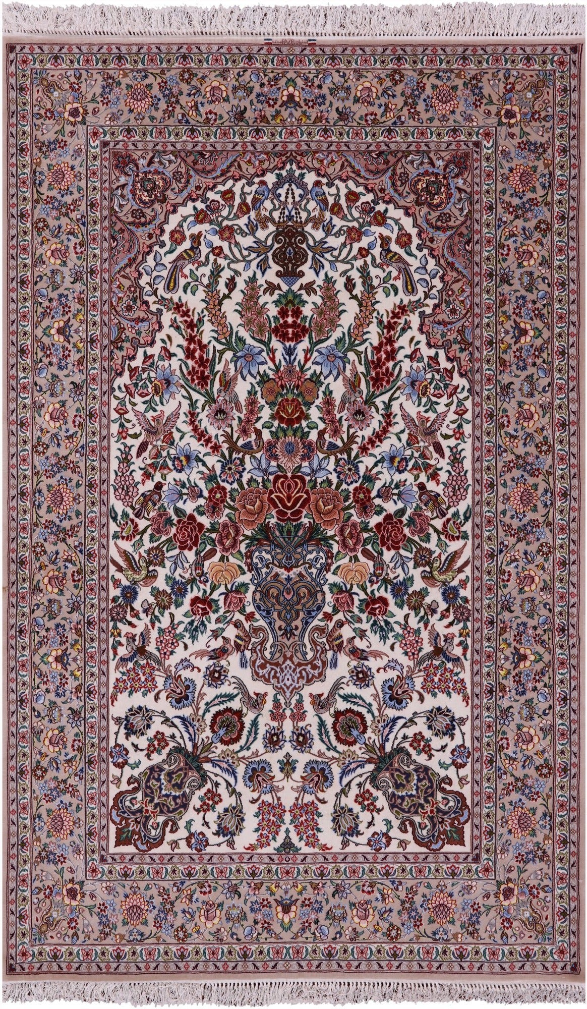 Ivory Signed Isfahan Authentic Persian Hand Knotted Wool & Silk Area Rug - 4' 11" X 8' 1" - Golden Nile
