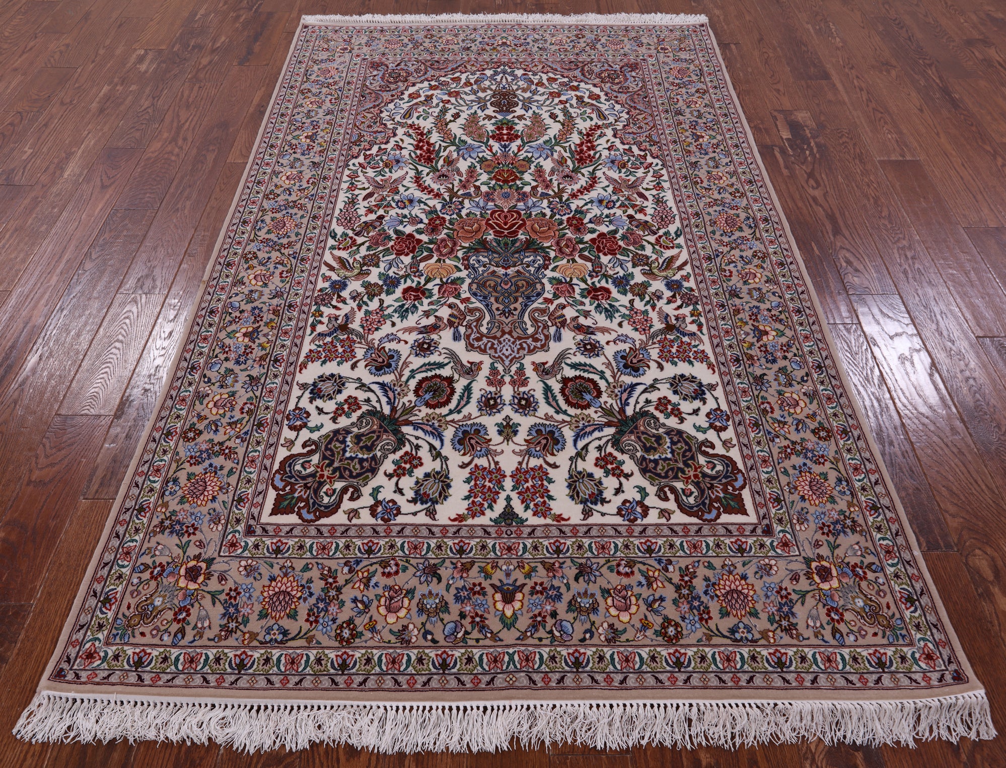 Ivory Signed Isfahan Authentic Persian Hand Knotted Wool & Silk Area Rug - 4' 11" X 8' 1" - Golden Nile
