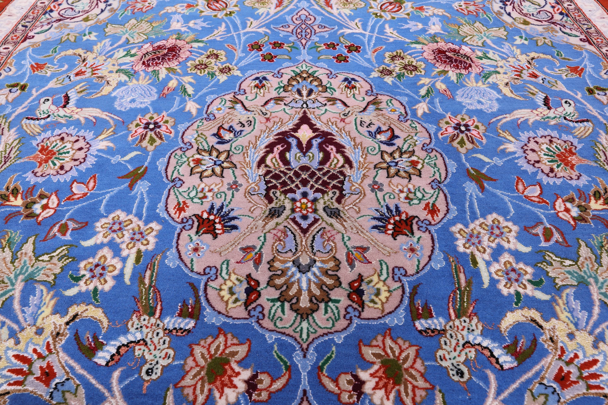Blue Signed Isfahan Authentic Persian Hand Knotted Wool & Silk Area Rug - 4' 11" X 7' 7" - Golden Nile