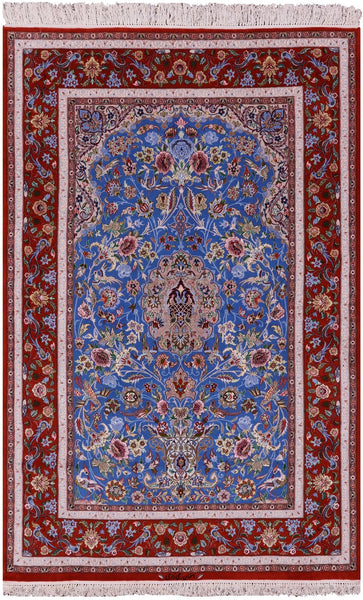 Blue Signed Isfahan Authentic Persian Hand Knotted Wool & Silk Area Rug - 4' 11" X 7' 7" - Golden Nile