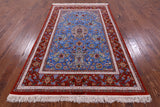 Blue Signed Isfahan Authentic Persian Hand Knotted Wool & Silk Area Rug - 4' 11" X 7' 7" - Golden Nile