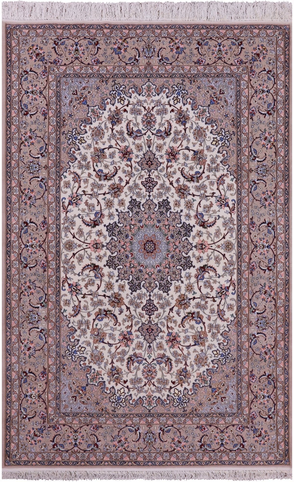 Ivory Signed Isfahan Authentic Persian Hand Knotted Wool & Silk Area Rug - 5' 1" X 8' 0" - Golden Nile