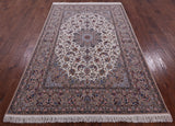 Ivory Signed Isfahan Authentic Persian Hand Knotted Wool & Silk Area Rug - 5' 1" X 8' 0" - Golden Nile