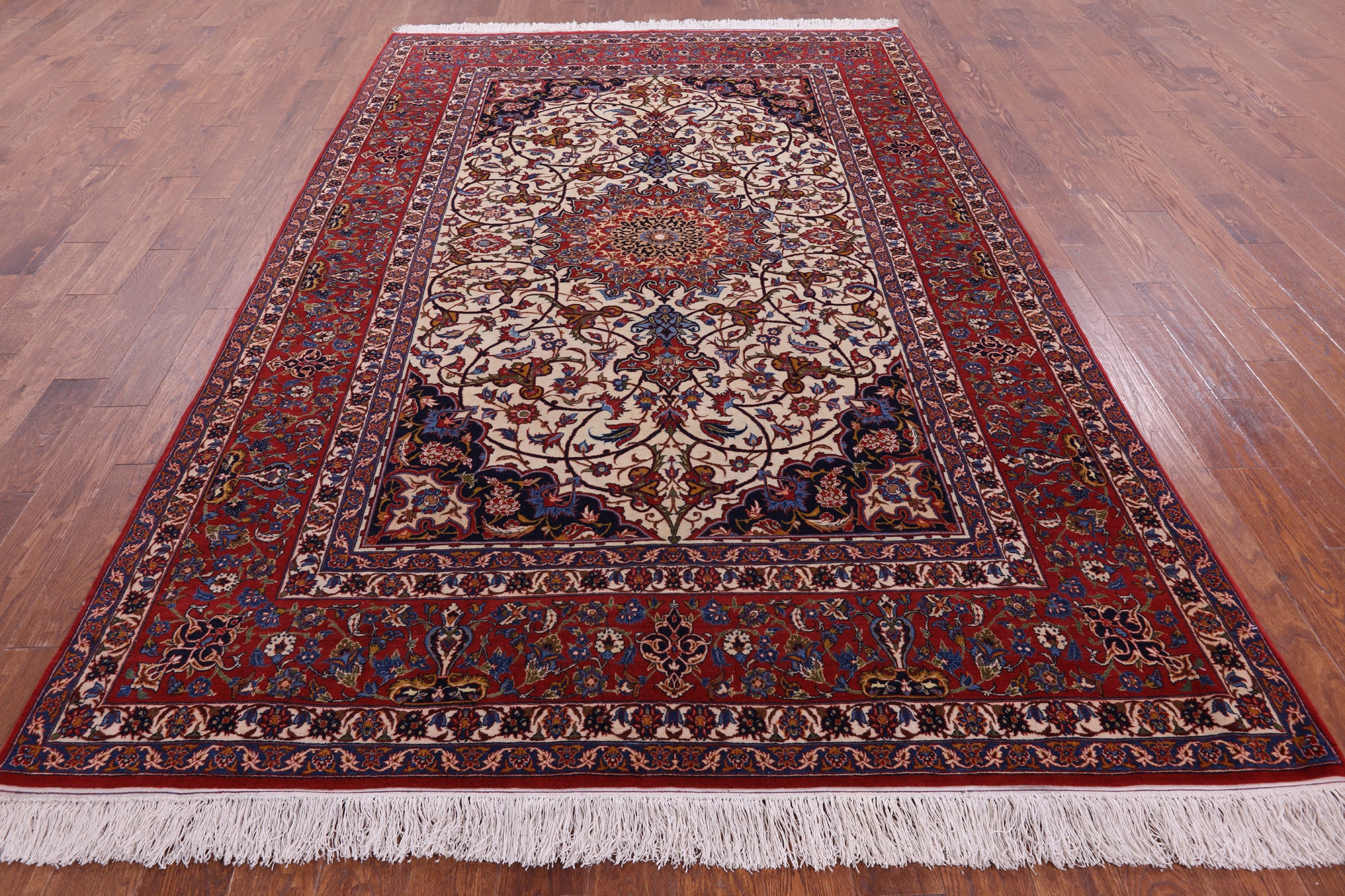 Ivory Antique Isfahan Persian Hand Knotted Area Rug - 7' 1" X 10' 6" - Golden Nile