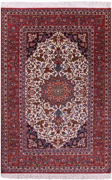 Ivory Antique Isfahan Persian Hand Knotted Area Rug - 7' 1" X 10' 6" - Golden Nile