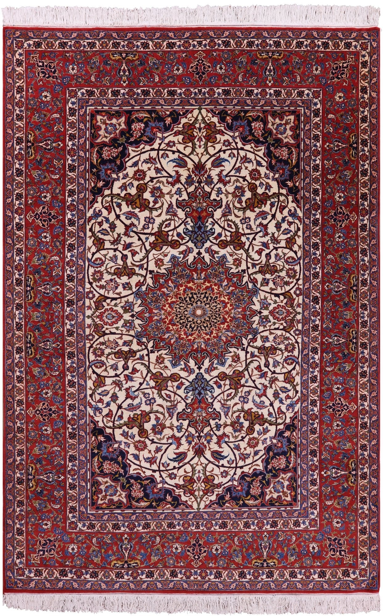 Ivory Antique Isfahan Persian Hand Knotted Area Rug - 7' 1" X 10' 6" - Golden Nile