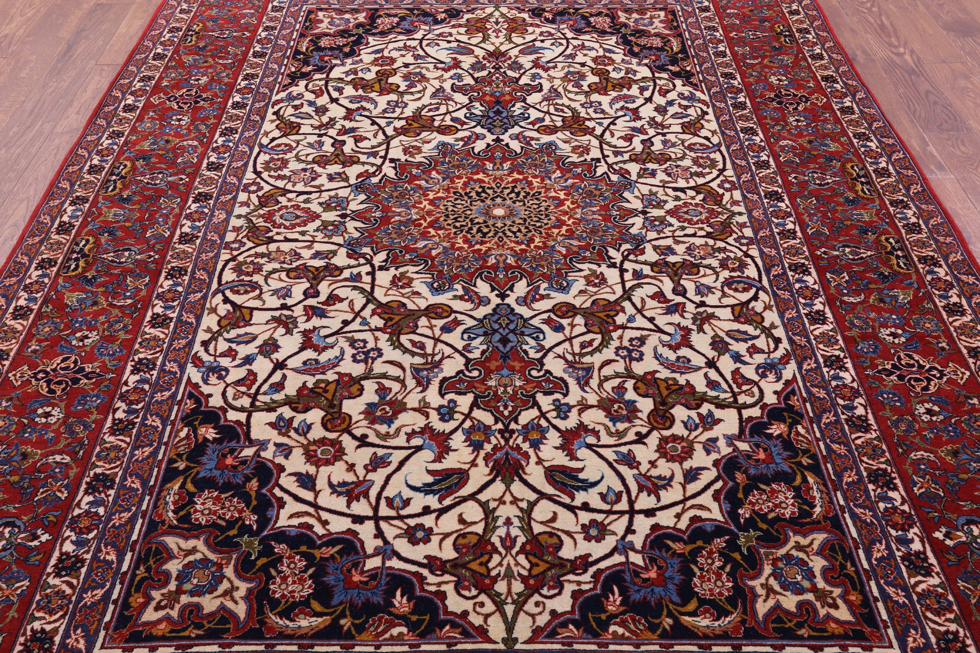 Ivory Antique Isfahan Persian Hand Knotted Area Rug - 7' 1" X 10' 6" - Golden Nile