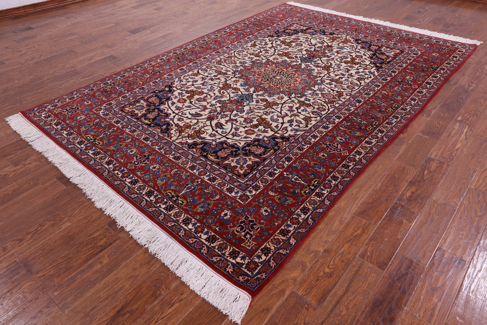 Ivory Antique Isfahan Persian Hand Knotted Area Rug - 7' 1" X 10' 6" - Golden Nile