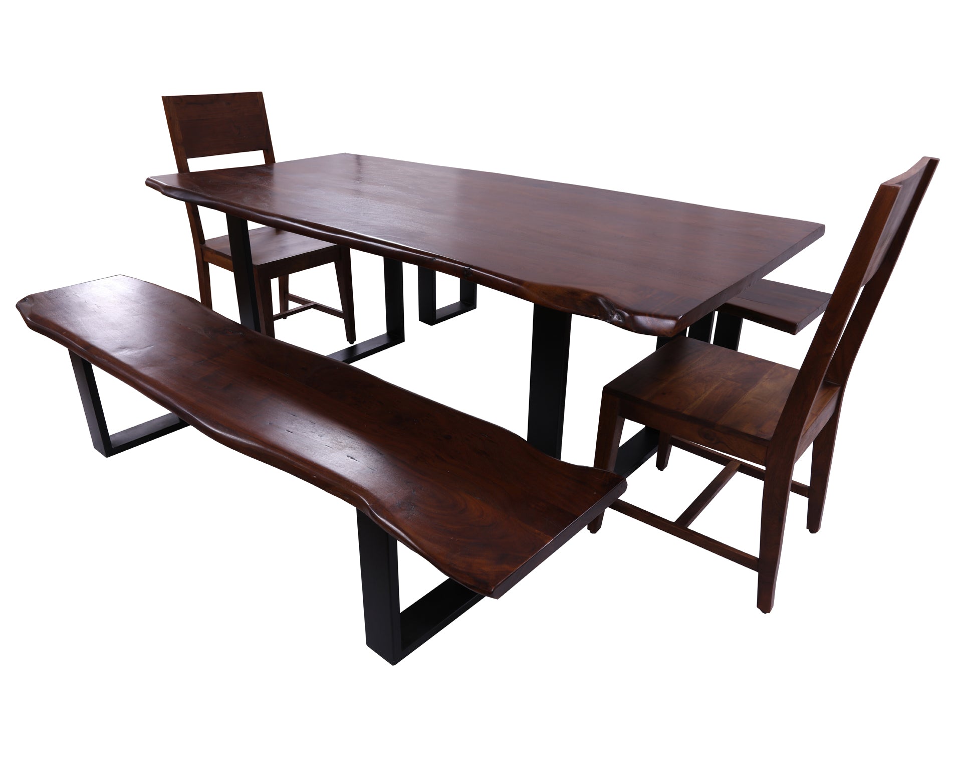 Solid Wood 5 Piece Dining Set With Metal Legs - Table, Two Bench and Two Chairs - Golden Nile