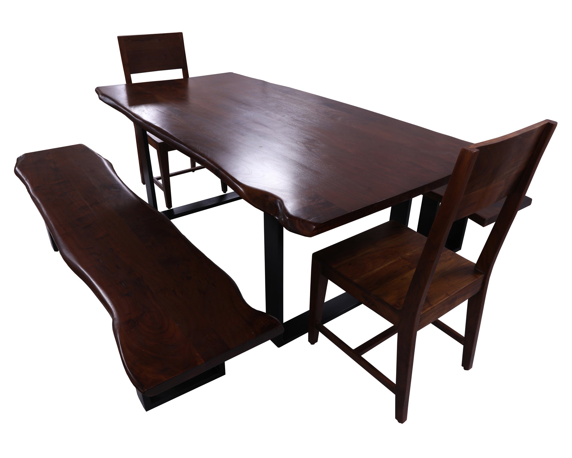 Solid Wood 5 Piece Dining Set With Metal Legs - Table, Two Bench and Two Chairs - Golden Nile