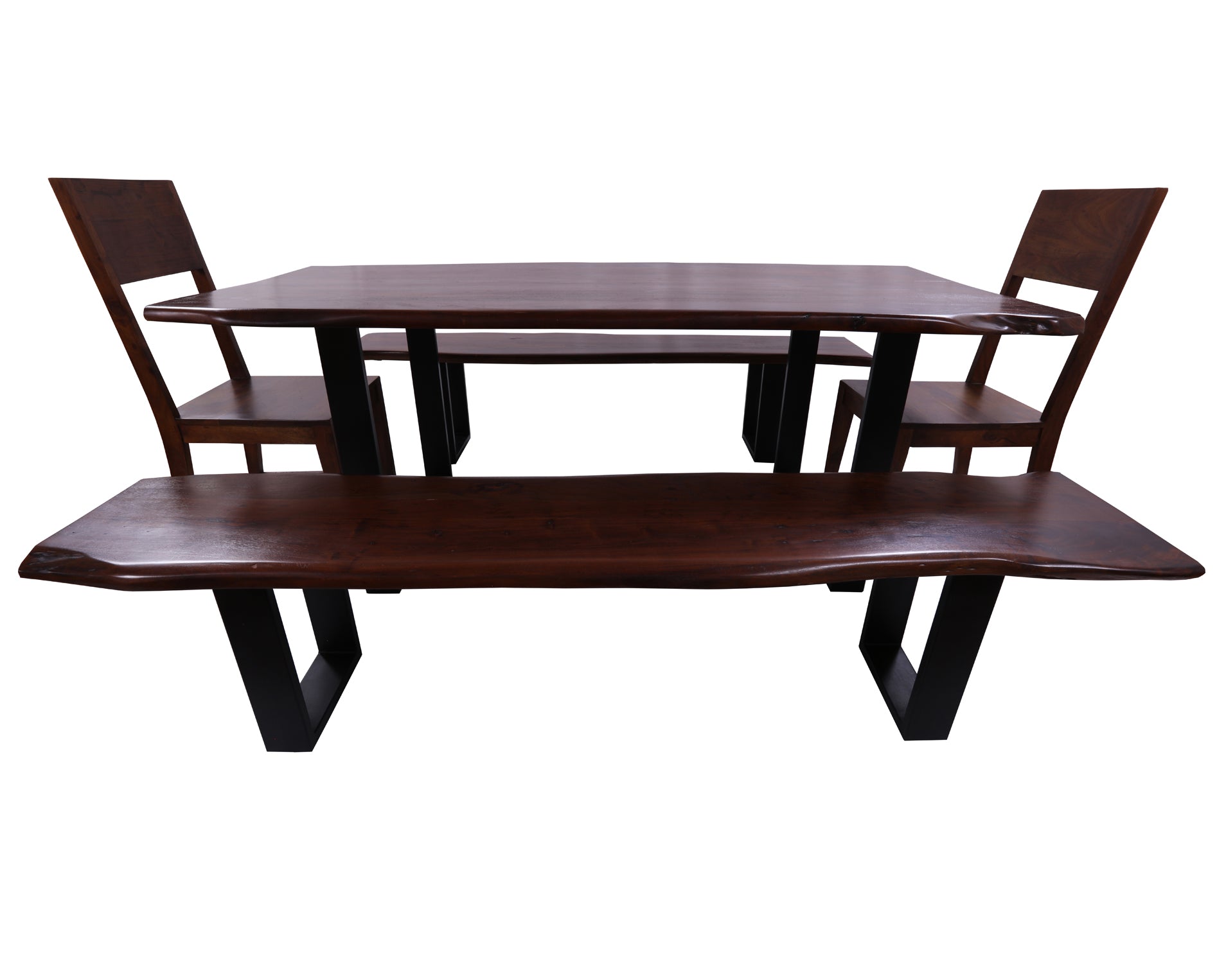Solid Wood 5 Piece Dining Set With Metal Legs - Table, Two Bench and Two Chairs - Golden Nile