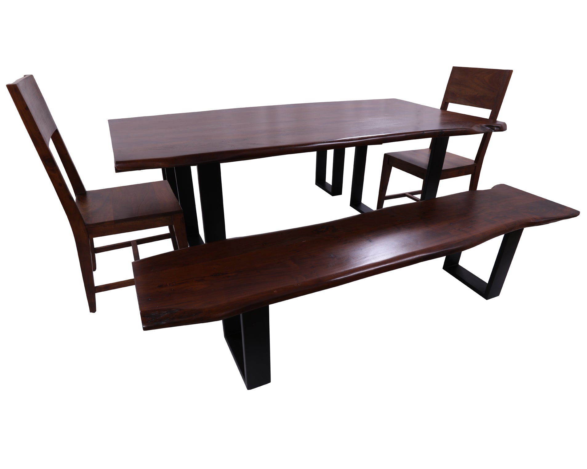 Solid Wood 5 Piece Dining Set With Metal Legs - Table, Two Bench and Two Chairs - Golden Nile
