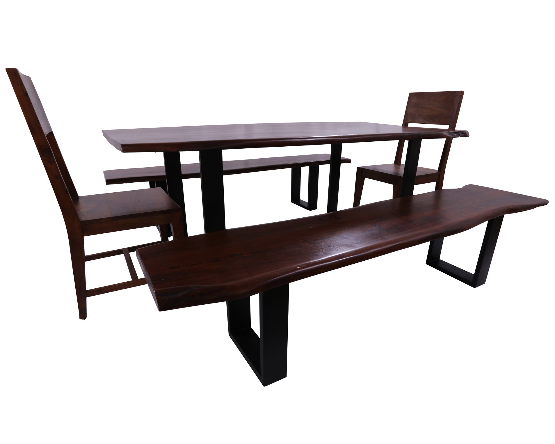 Solid Wood 5 Piece Dining Set With Metal Legs - Table, Two Bench and Two Chairs - Golden Nile
