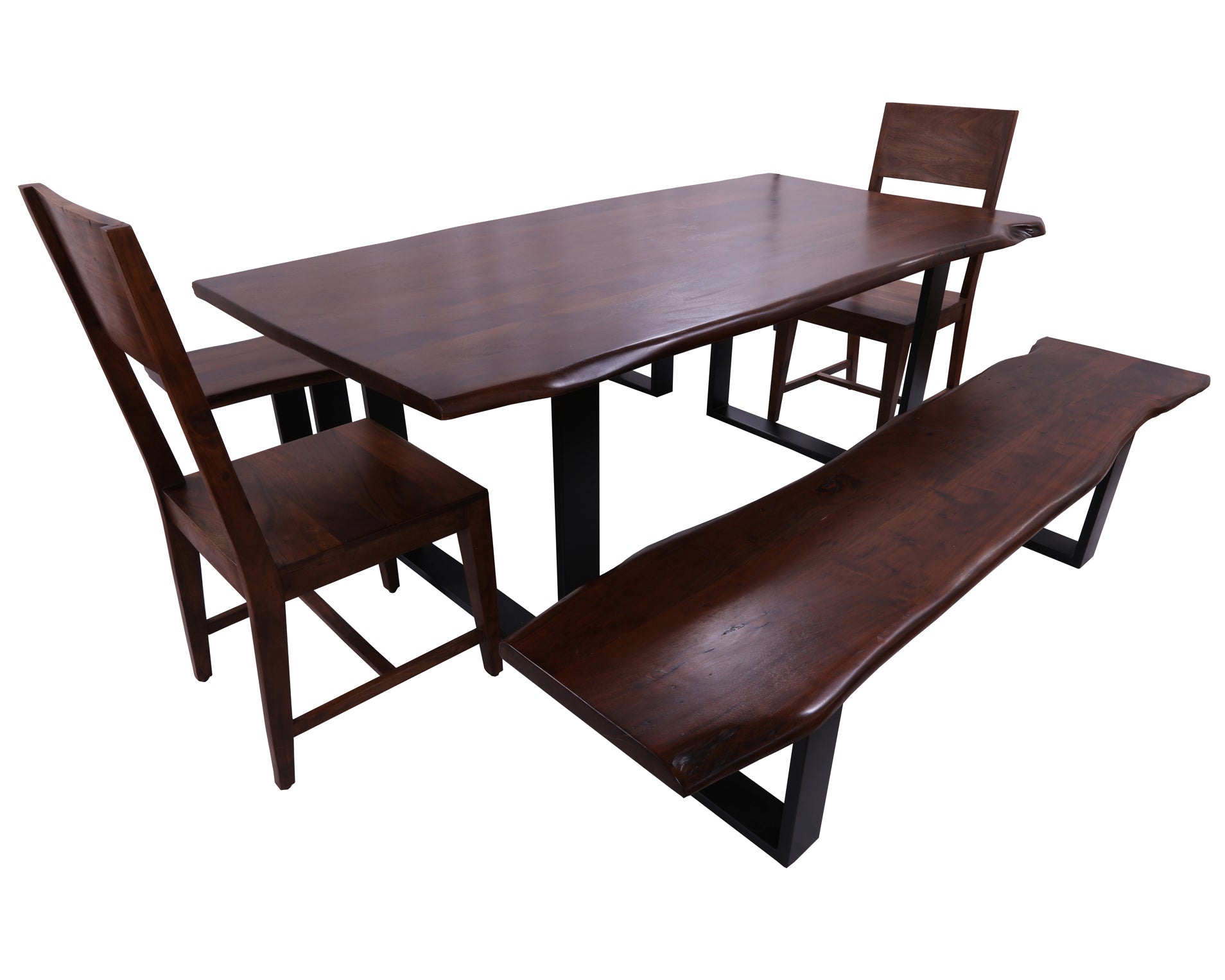 Solid Wood 5 Piece Dining Set With Metal Legs - Table, Two Bench and Two Chairs - Golden Nile