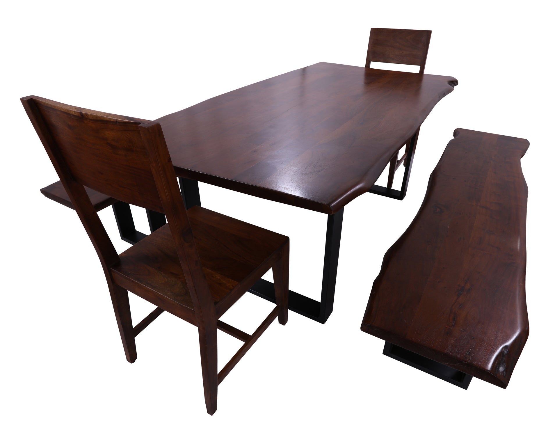 Solid Wood 5 Piece Dining Set With Metal Legs - Table, Two Bench and Two Chairs - Golden Nile