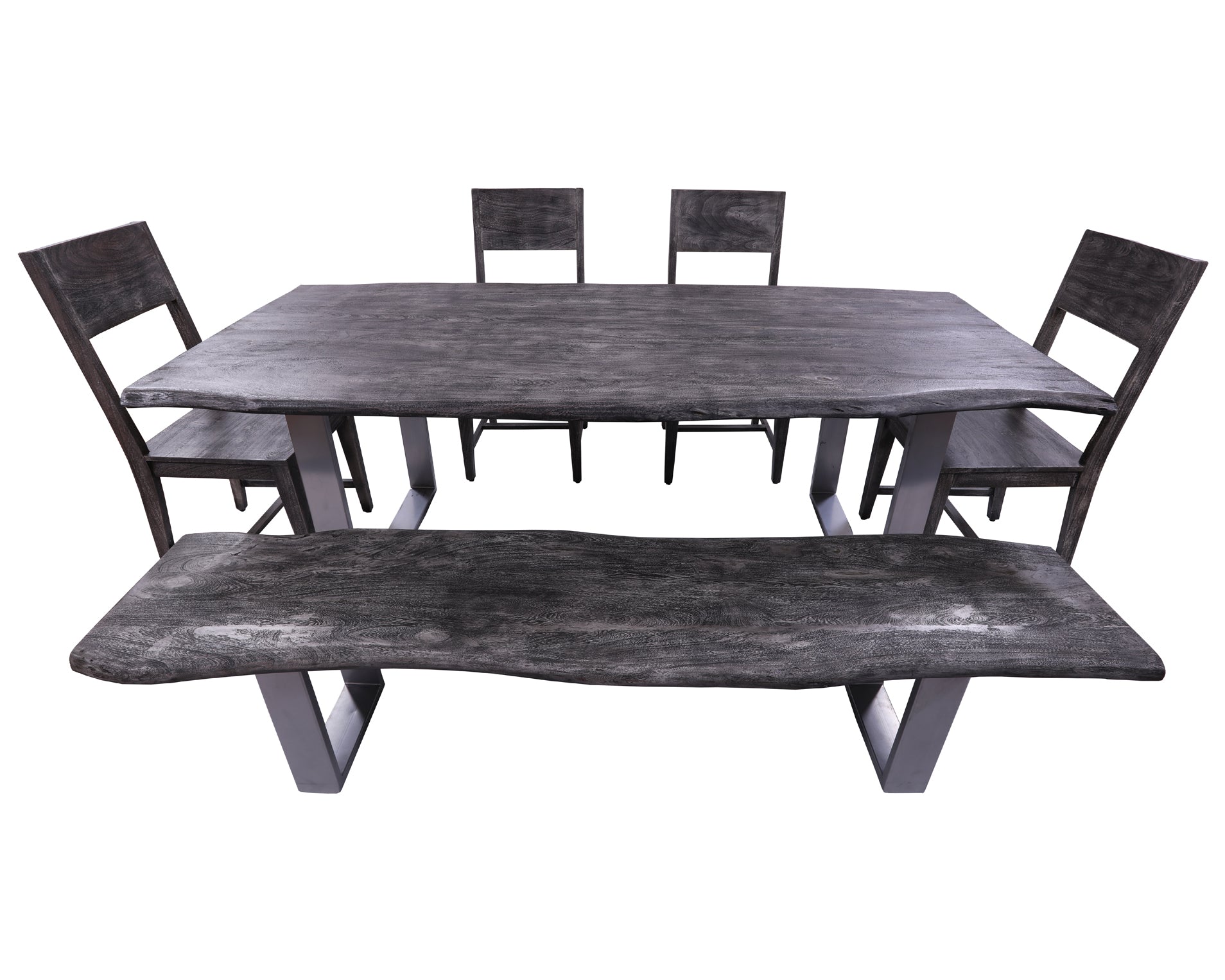 Grey Solid Wood 6 Piece Dining Set With Metal Legs - Table, Bench and Four Chairs - Golden Nile
