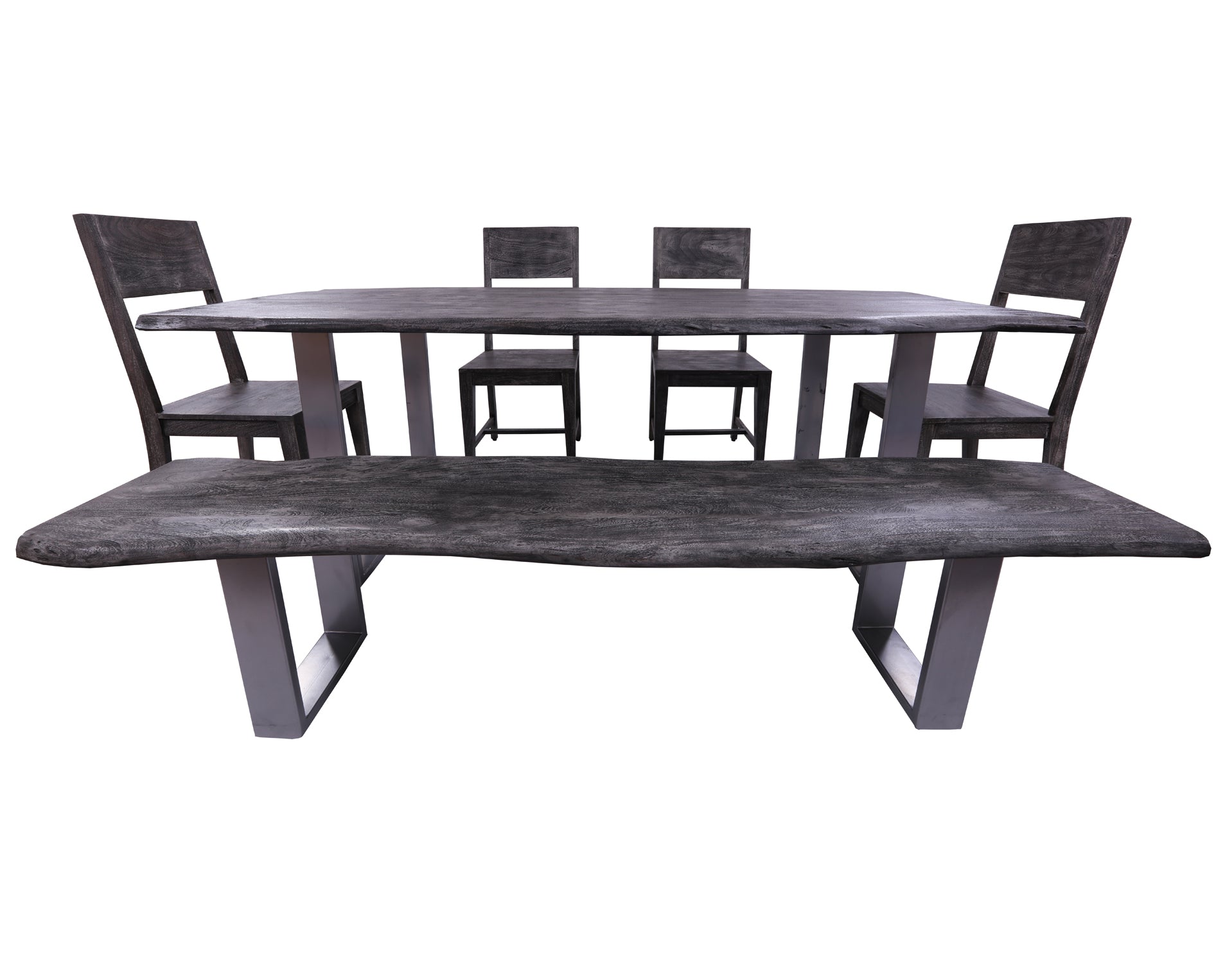 Grey Solid Wood 6 Piece Dining Set With Metal Legs - Table, Bench and Four Chairs - Golden Nile