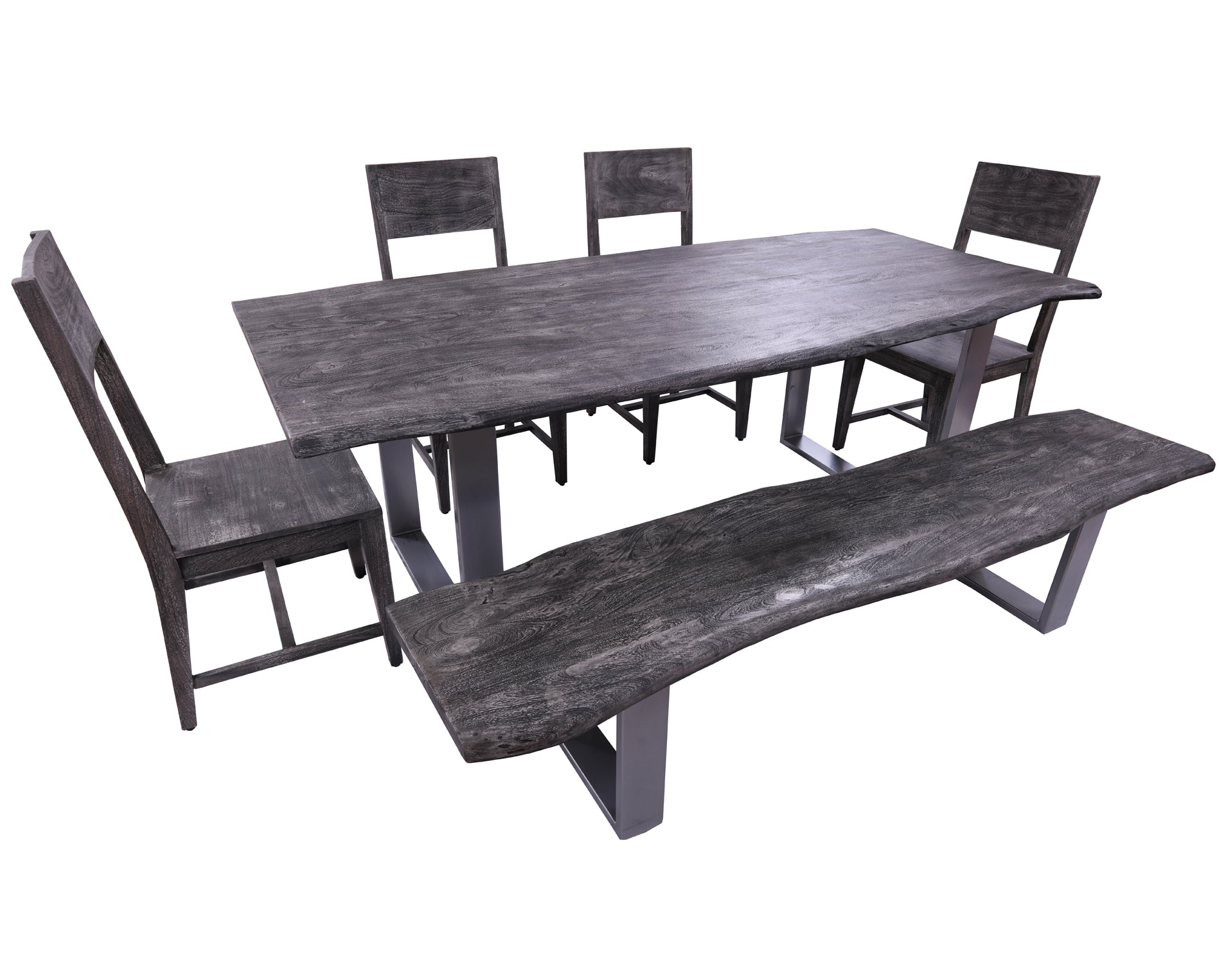 Grey Solid Wood 6 Piece Dining Set With Metal Legs - Table, Bench and Four Chairs - Golden Nile