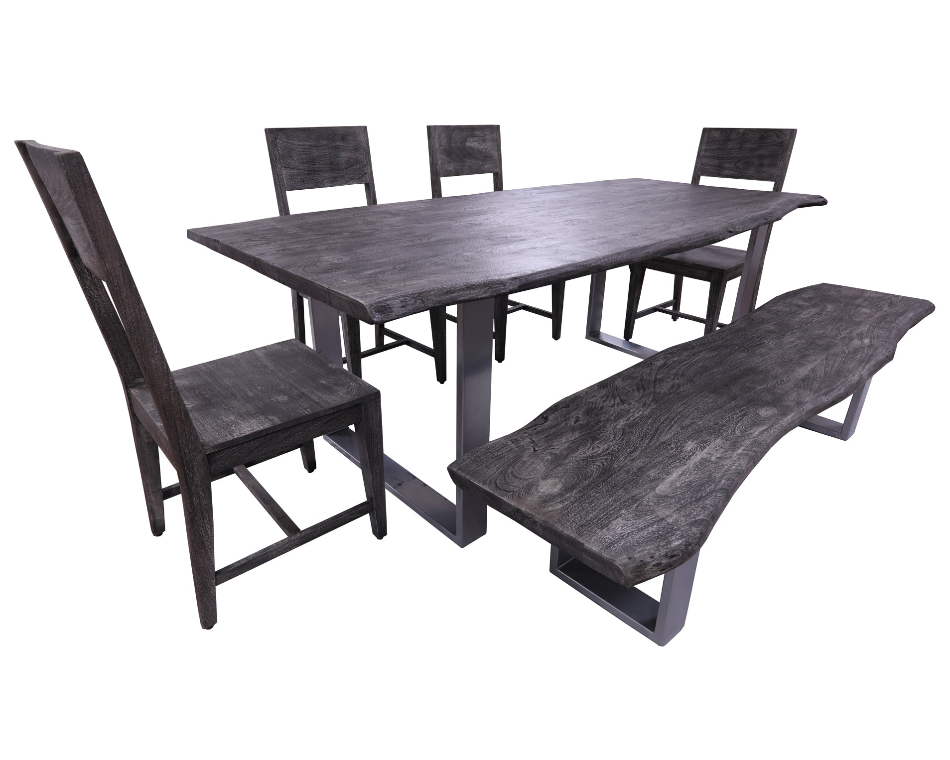 Grey Solid Wood 6 Piece Dining Set With Metal Legs - Table, Bench and Four Chairs - Golden Nile