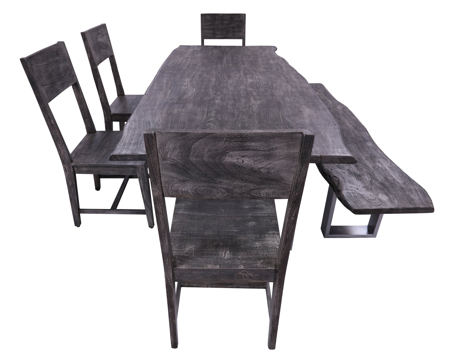 Grey Solid Wood 6 Piece Dining Set With Metal Legs - Table, Bench and Four Chairs - Golden Nile