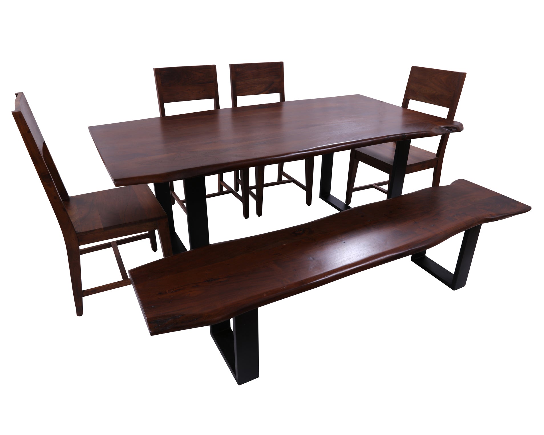 Solid Wood 6 Piece Dining Set With Metal Legs - Table, Bench and Four Chairs - Golden Nile