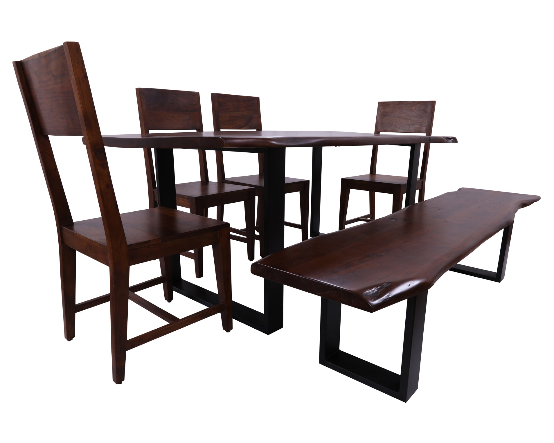 Solid Wood 6 Piece Dining Set With Metal Legs - Table, Bench and Four Chairs - Golden Nile