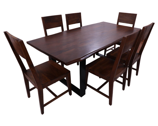 Solid Wood 7 Piece Dining Set With Metal Legs - Table And Six Chairs - Golden Nile