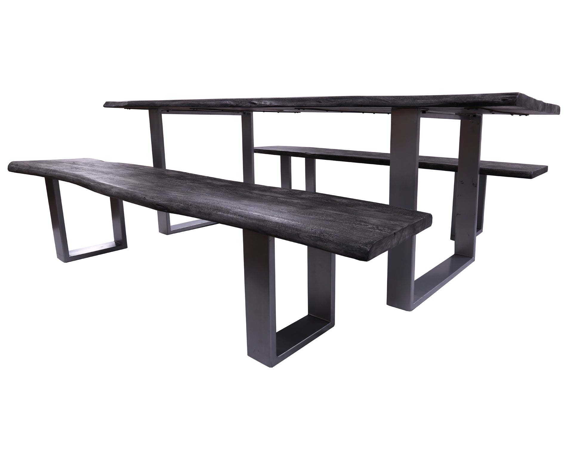 Grey Solid Wood 3 Piece Dining Set With Metal Legs - Table And Two Bench - Golden Nile