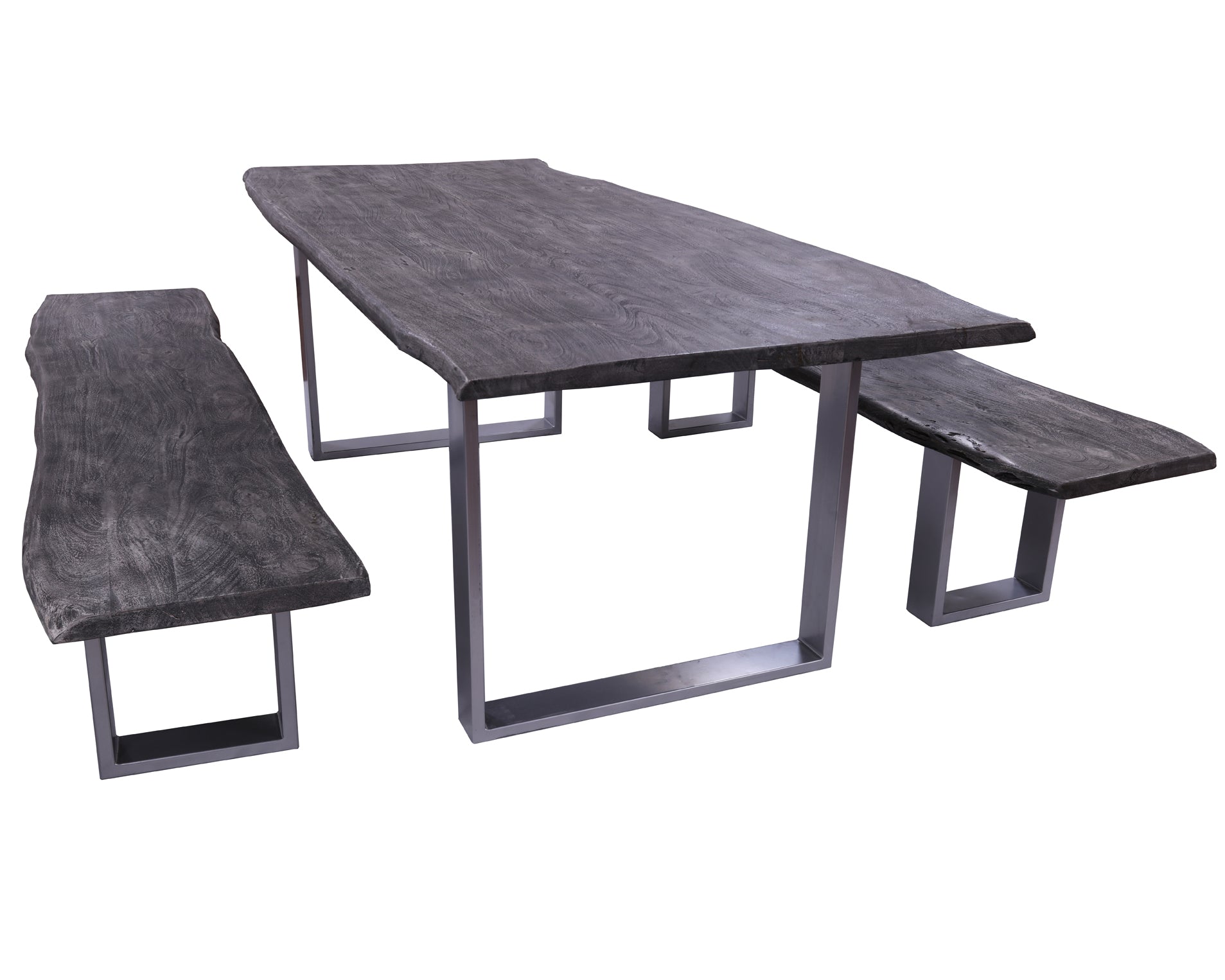 Grey Solid Wood 3 Piece Dining Set With Metal Legs - Table And Two Bench - Golden Nile