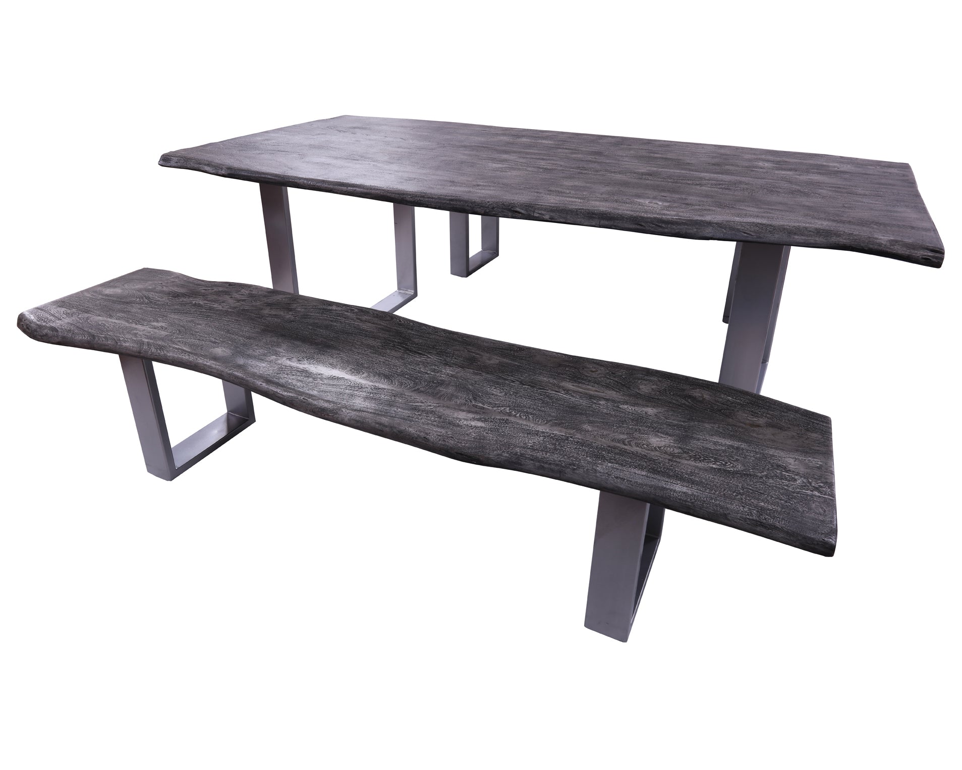 Grey Solid Wood 3 Piece Dining Set With Metal Legs - Table And Two Bench - Golden Nile