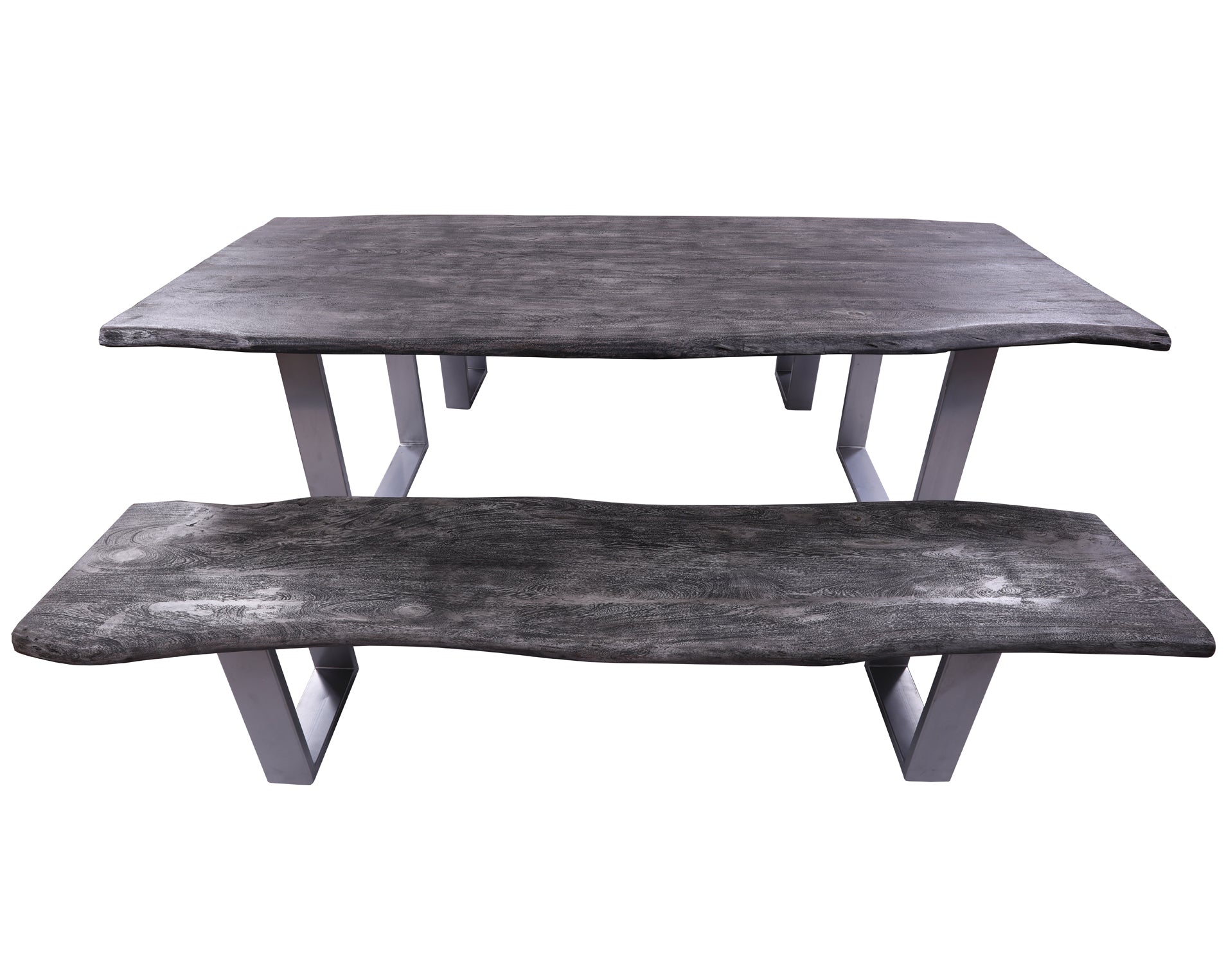 Grey Solid Wood 3 Piece Dining Set With Metal Legs - Table And Two Bench - Golden Nile