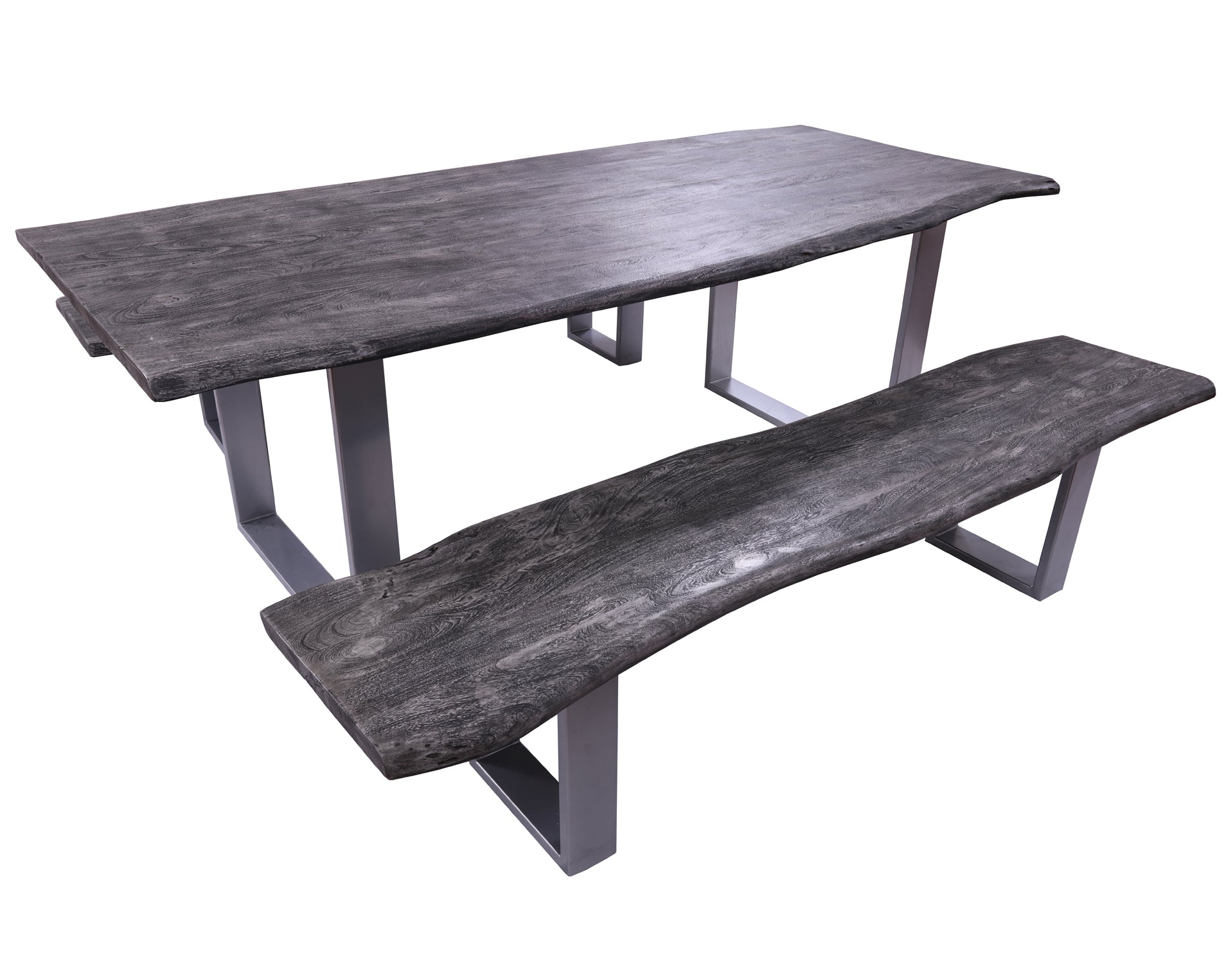 Grey Solid Wood 3 Piece Dining Set With Metal Legs - Table And Two Bench - Golden Nile
