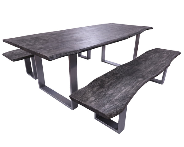 Grey Solid Wood 3 Piece Dining Set With Metal Legs - Table And Two Bench - Golden Nile