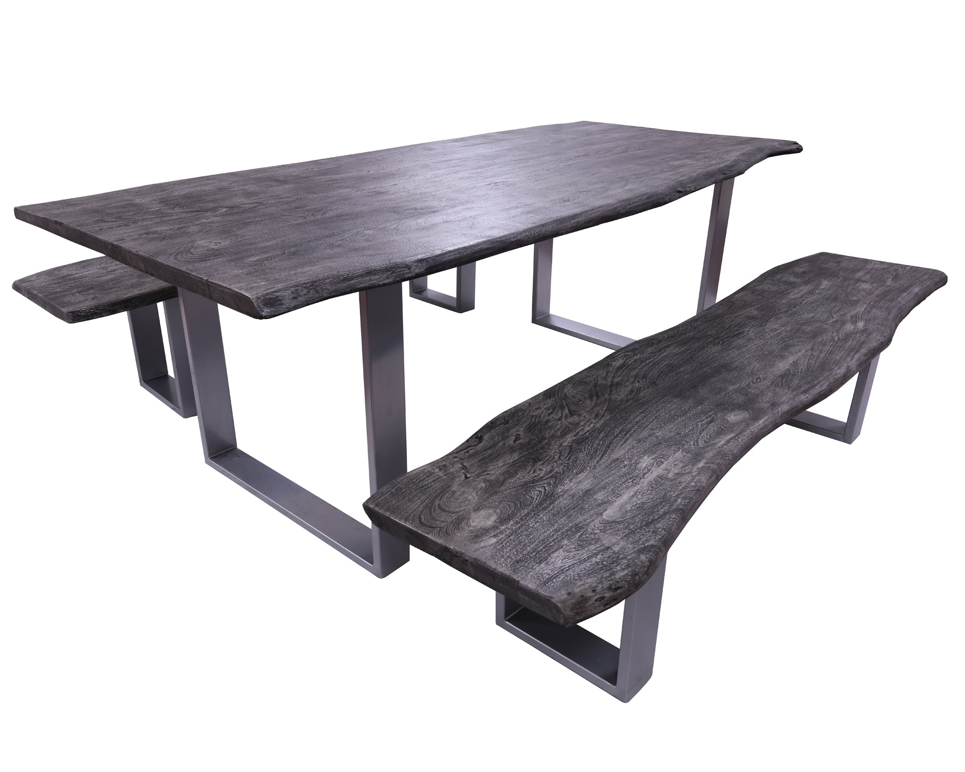 Grey Solid Wood 3 Piece Dining Set With Metal Legs - Table And Two Bench - Golden Nile