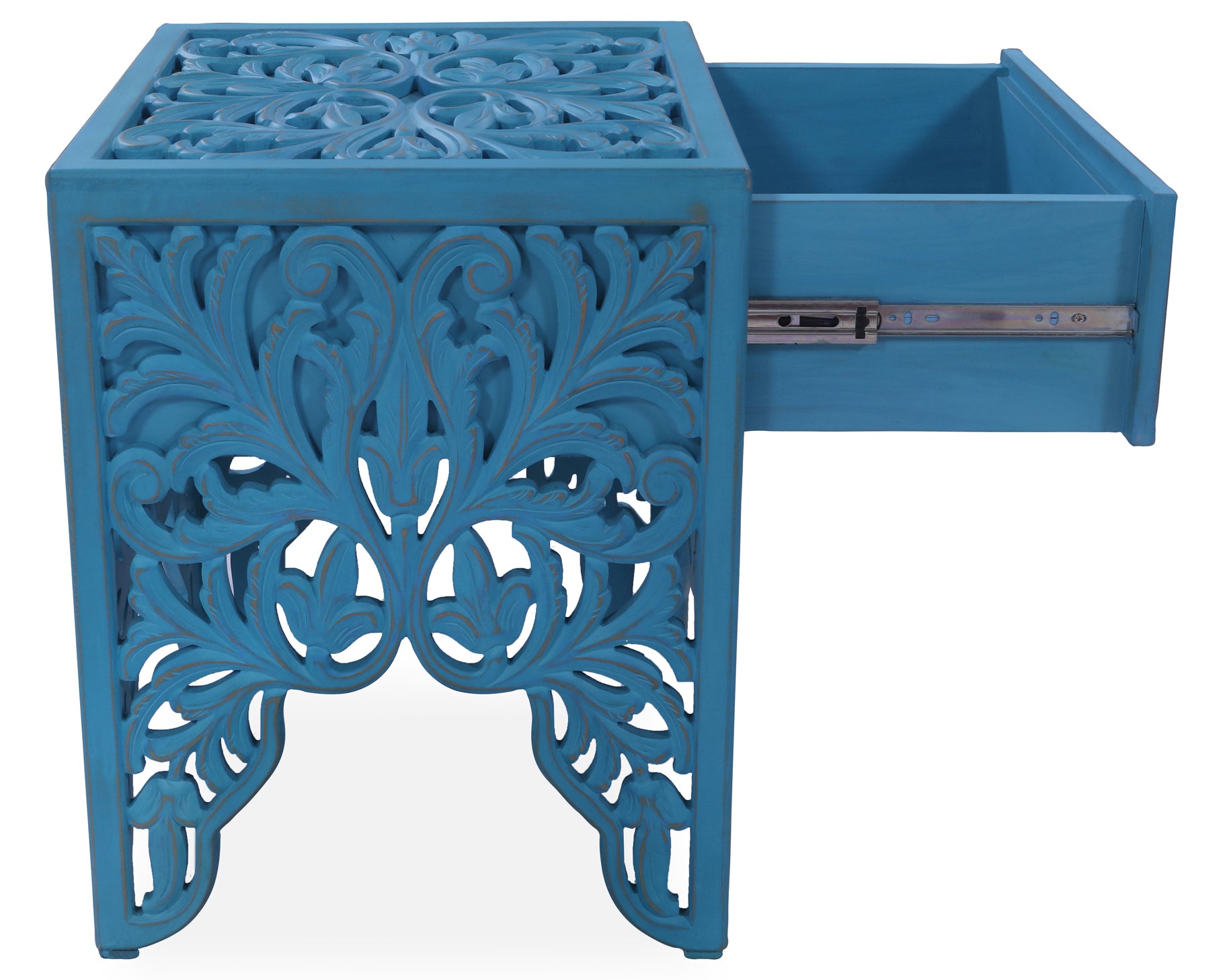 Reclaimed Wood Handcarved Floral Nightstand - Golden Nile