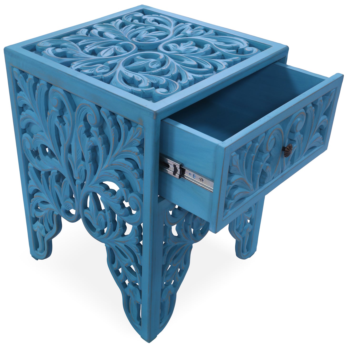 Reclaimed Wood Handcarved Floral Nightstand - Golden Nile