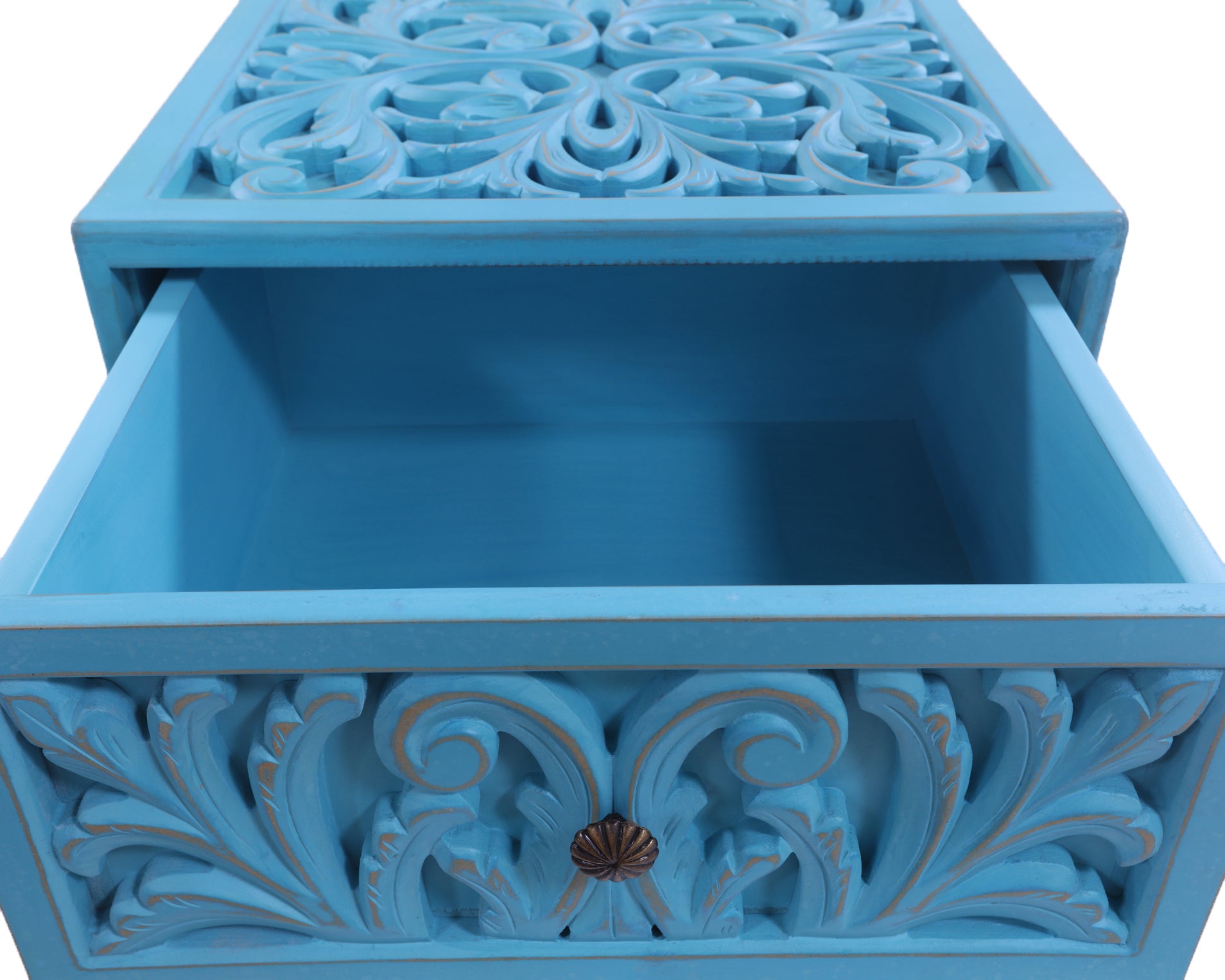 Reclaimed Wood Handcarved Floral Nightstand - Golden Nile