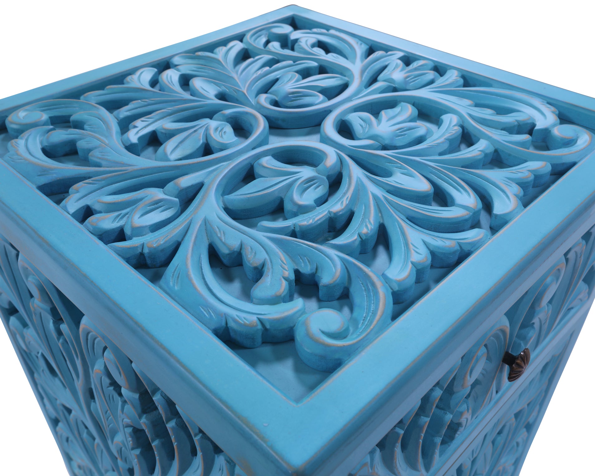 Reclaimed Wood Handcarved Floral Nightstand - Golden Nile