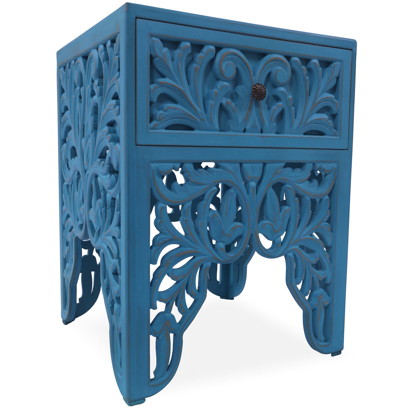 Reclaimed Wood Handcarved Floral Nightstand - Golden Nile