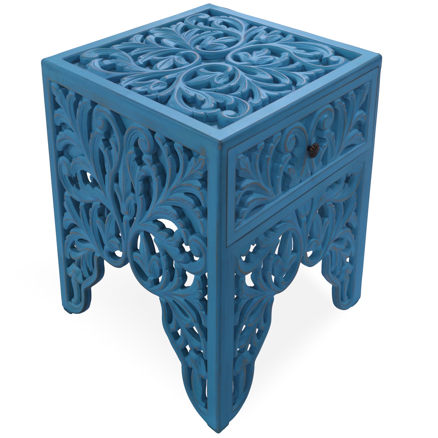 Reclaimed Wood Handcarved Floral Nightstand - Golden Nile