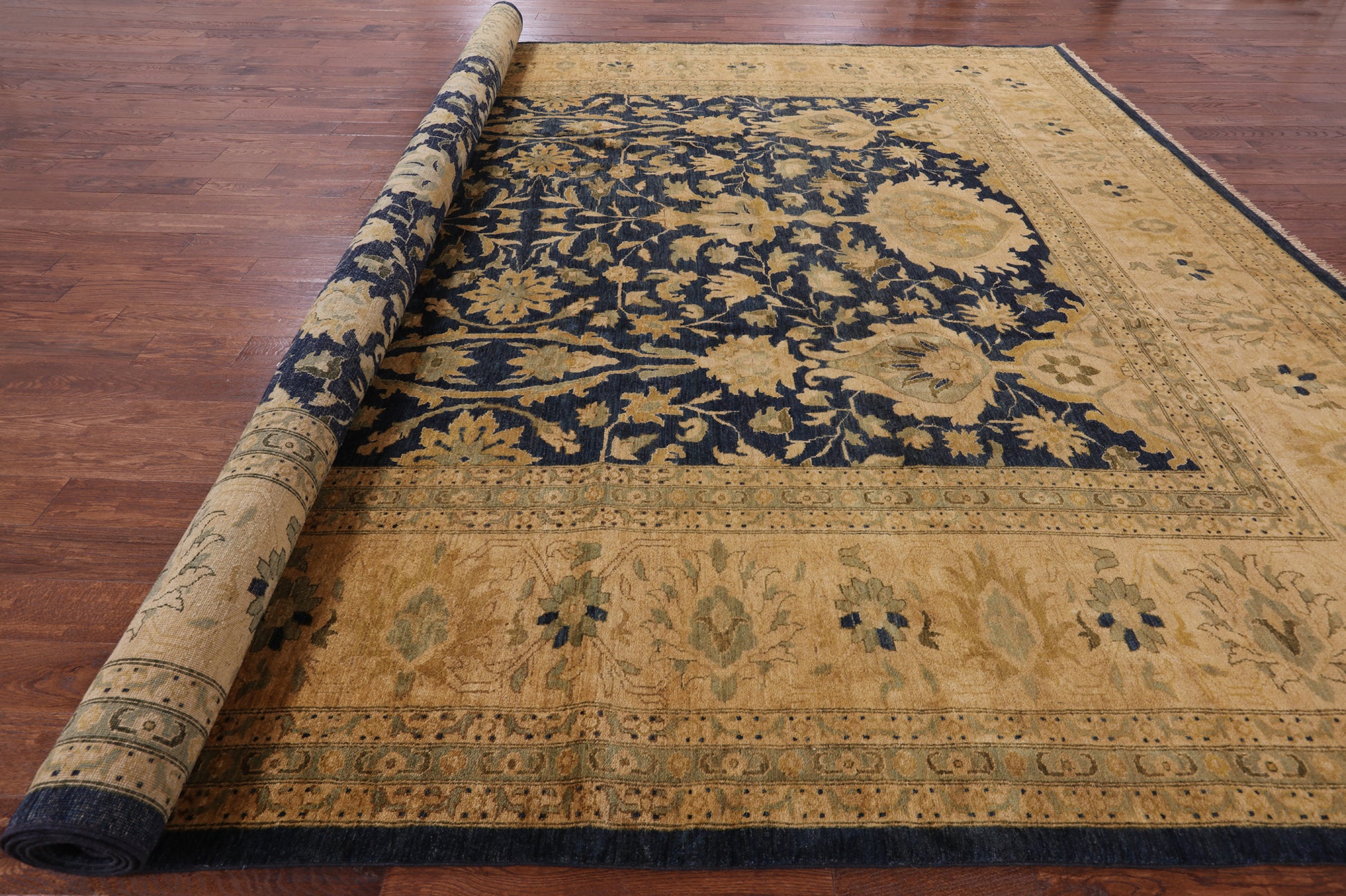 Blue Peshawar Hand Knotted Wool Rug - 12' 1" X 15' 2" - Golden Nile