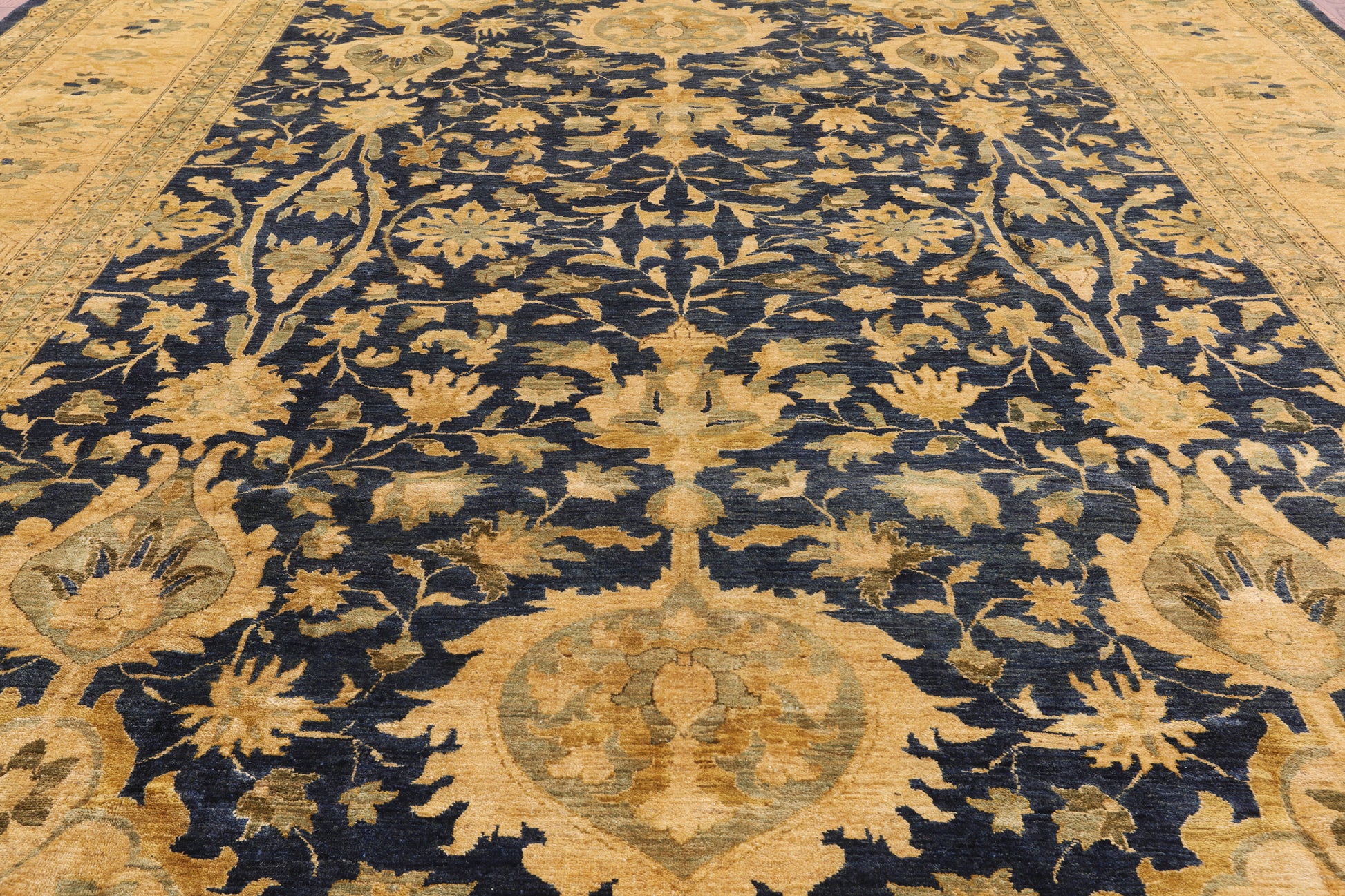 Blue Peshawar Hand Knotted Wool Rug - 12' 1" X 15' 2" - Golden Nile
